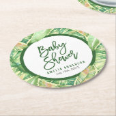 熱帯ベビーシャワーの緑の水彩画の葉 ラウンドペーパーコースター (アングル)