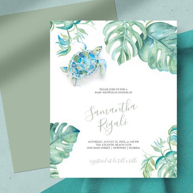 熱帯ベビーシャワー招待状ティール（緑がかった色）ウミガメ (Tropical baby shower invitations features a watercolor teal sea turtle with green monstera leaves)
