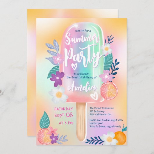 熱帯ホログラフィックサマープールパーティースウィート16 招待状 (正面/裏面)