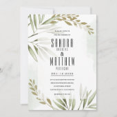熱帯ホワイトグリーン金ゴールド葉グリッター結婚ズ 招待状 (正面)