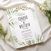 熱帯ホワイトグリーン金ゴールド葉グリッター結婚ズ 招待状