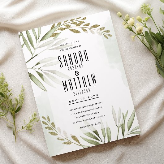 熱帯ホワイトグリーン金ゴールド葉グリッター結婚ズ 招待状