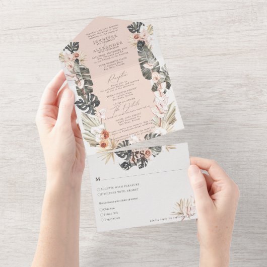 熱帯ボヘミアン淡い色のフローラ結婚赤面オールイン オールインワン招待状 (貼ってはがせる)