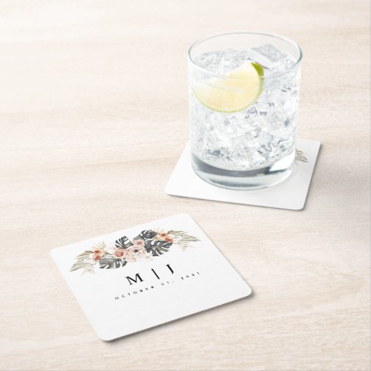 熱帯ボヘミア乾燥パーム結婚リーフ スクエアペーパーコースター (インサイチュ)