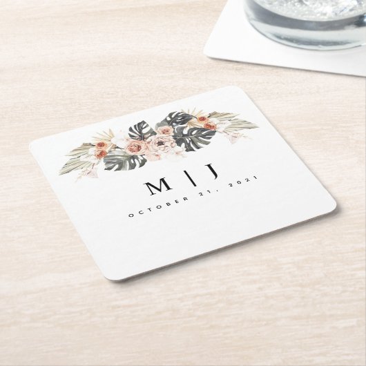 熱帯ボヘミア乾燥パーム結婚リーフ スクエアペーパーコースター (アングル)