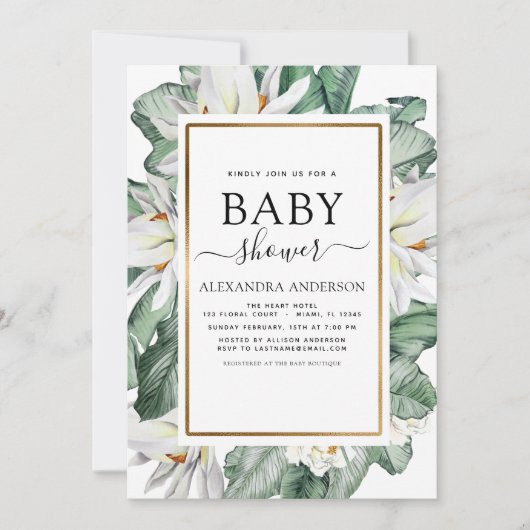 熱帯マグノリアベビーシャワーグリーンリーフローラ 招待状 (正面)