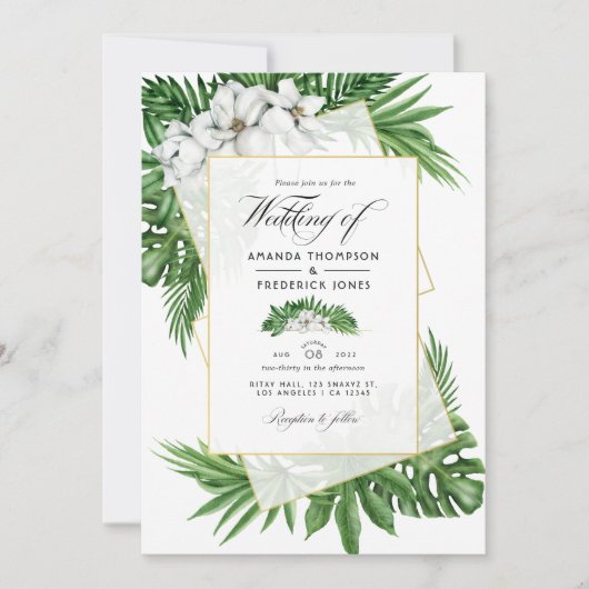 熱帯マグノリア幾何結婚の写真 招待状 (正面)