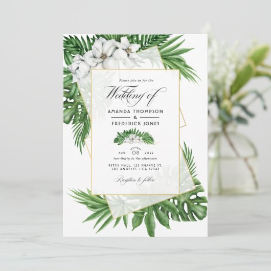 熱帯マグノリア幾何結婚の写真 招待状 (スタンド正面)