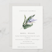 熱帯ミニマル緑青フローラカップルのシャワー 招待状 (正面/裏面)