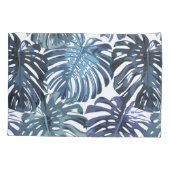 熱帯ミュート青の白モンステラ葉ジャングル 枕カバー (裏面-左)