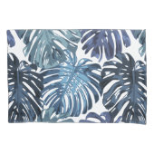 熱帯ミュート青の白モンステラ葉ジャングル 枕カバー (正面左)