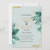 熱帯ミントグリーン金ゴールドグリッター結婚の葉 招待状 (正面)