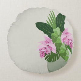 熱帯メディニラピンクの花の緑の花瓶 ラウンドクッション