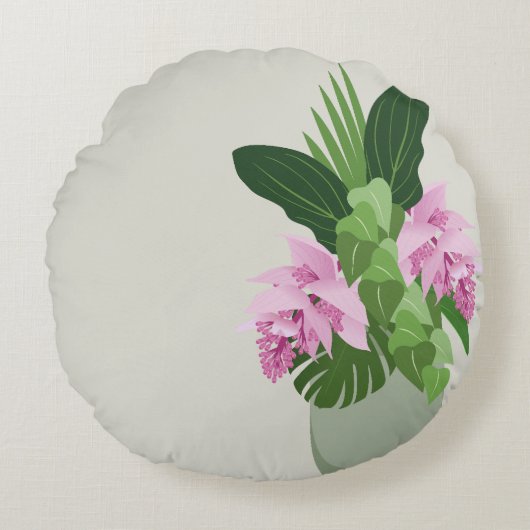 熱帯メディニラピンクの花の緑の花瓶 ラウンドクッション (正面)