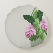 熱帯メディニラピンクの花の緑の花瓶 ラウンドクッション (裏面)