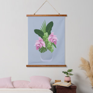 熱帯メディニラピンクの花を青い花瓶に 吊り下げ型タペストリー
