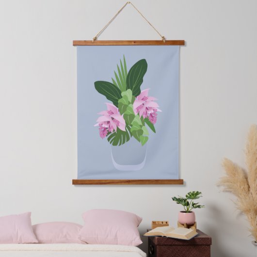 熱帯メディニラピンクの花を青い花瓶に 吊り下げ型タペストリー (寝室)