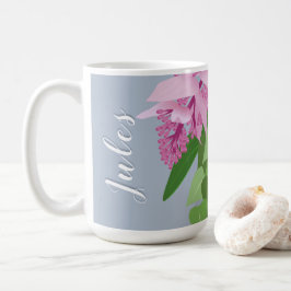 熱帯メディニラピンクの花を青で追加お名前 コーヒーマグカップ