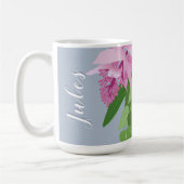 熱帯メディニラピンクの花を青で追加お名前 コーヒーマグカップ (左)