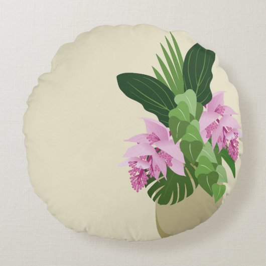 熱帯メディニラピンクの花花花黄色の花瓶名 ラウンドクッション (正面)