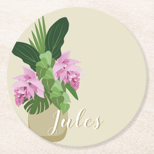 熱帯メディニラピンクの花花花黄色の花瓶名 ラウンドペーパーコースター (正面)