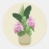 熱帯メディニラピンク花黄色の花瓶 ラウンドシール (正面)