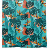 熱帯モダンのパーム葉とハイビスカスパターン シャワーカーテン (正面)