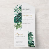 熱帯モダンのモンステラの葉の緑の水色 オールインワン招待状 (内側)
