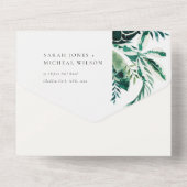 熱帯モダンのモンステラの葉の緑の水色 オールインワン招待状 (裏面)
