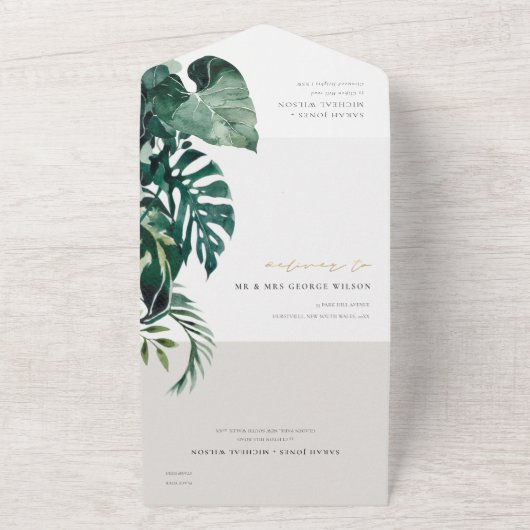 熱帯モダンのモンステラの葉の緑の水色 オールインワン招待状 (外側)