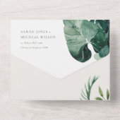 熱帯モダンのモンステラの葉の緑の水色 オールインワン招待状 (裏面)