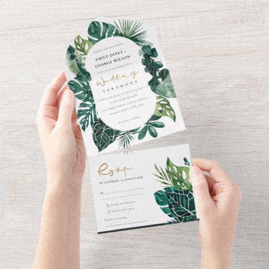 熱帯モダンのモンステラの葉の緑の水色 オールインワン招待状 (貼ってはがせる)