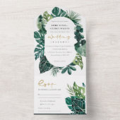 熱帯モダンのモンステラの葉の緑の水色 オールインワン招待状 (内側)