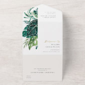 熱帯モダンのモンステラの葉の緑の水色 オールインワン招待状 (外側)