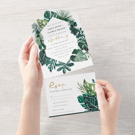 熱帯モダンのモンステラの葉の緑の水色 オールインワン招待状 (貼ってはがせる)