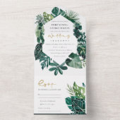 熱帯モダンのモンステラの葉の緑の水色 オールインワン招待状 (内側)