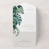 熱帯モダンのモンステラの葉の緑の水色 オールインワン招待状 (外側)