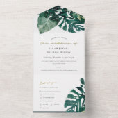 熱帯モダンのモンステラの葉の緑の水色 オールインワン招待状 (内側)