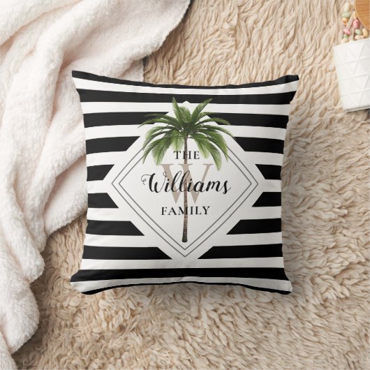 熱帯モダンのヤシの木の黒と白モノグラム クッション (ブランケット)