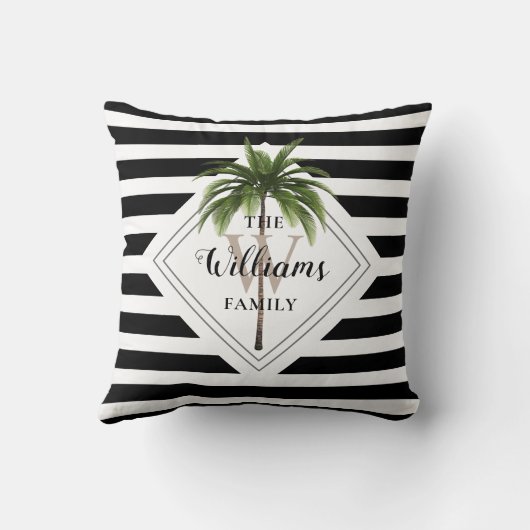 熱帯モダンのヤシの木の黒と白モノグラム クッション (裏面)