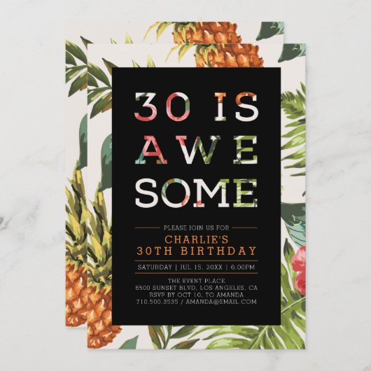 熱帯モダンタイポグラフィ30歳のパーティー 招待状 (正面/裏面)