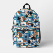 熱帯モダンチェック模様ブルーモノグラム プリントバックパック (正面)