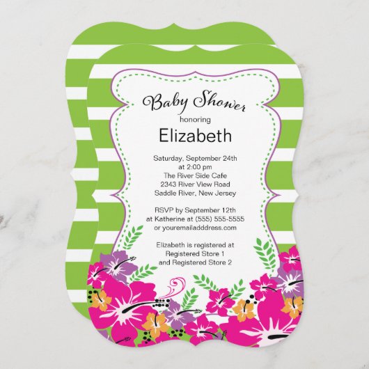 熱帯モダンハイビスカスフラワーベビーシャワー 招待状 (正面/裏面)