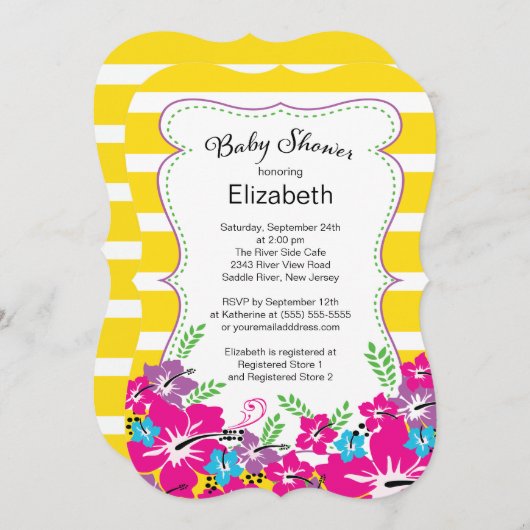 熱帯モダンハイビスカスフラワーベビーシャワー 招待状 (正面/裏面)