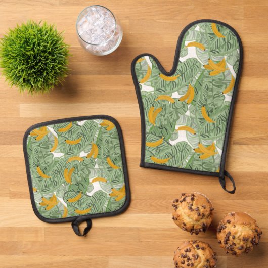 熱帯モダンバナナの緑のパターン 鍋つかみ&鍋敷きセット (トップダウン)
