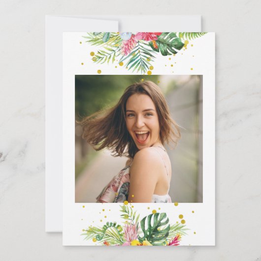 熱帯モダンフローラの葉の卒業写真 招待状 (裏面)
