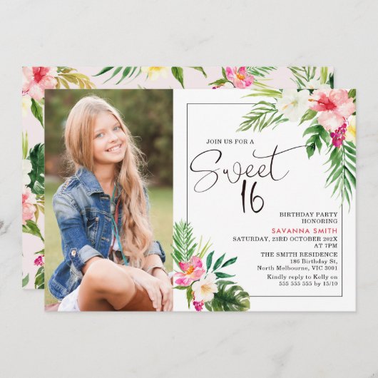 熱帯モダンフローラフォトスイート16誕生日 招待状