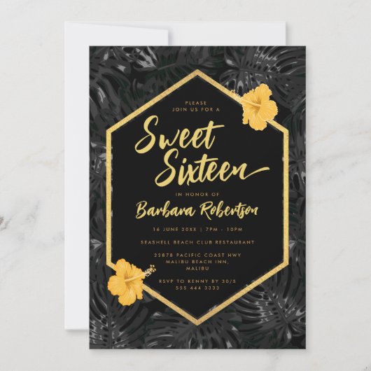 熱帯モダンフローラブラック金ゴールドSweet sixteen 招待状 (正面)