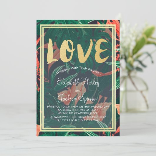 熱帯モダンフローラ金ゴールドフレーム結婚ハワイアン 招待状 (スタンド正面)