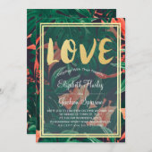 熱帯モダンフローラ金ゴールドフレーム結婚ハワイアン 招待状 (正面/裏面)